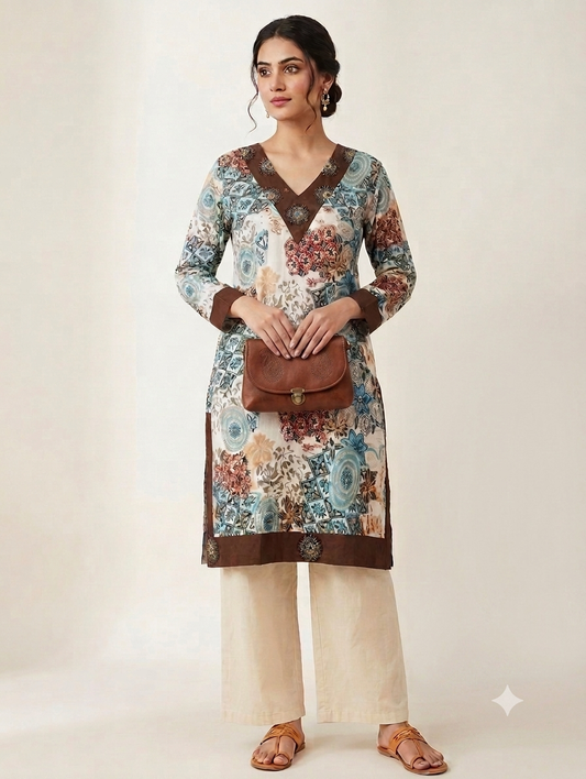 Floral Printed V-Neck Knee-Length Straight Kurti