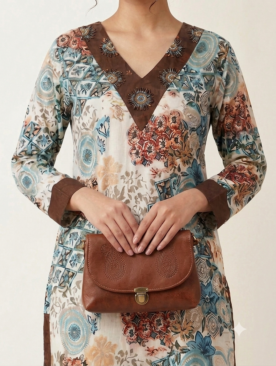 Floral Printed V-Neck Knee-Length Straight Kurti