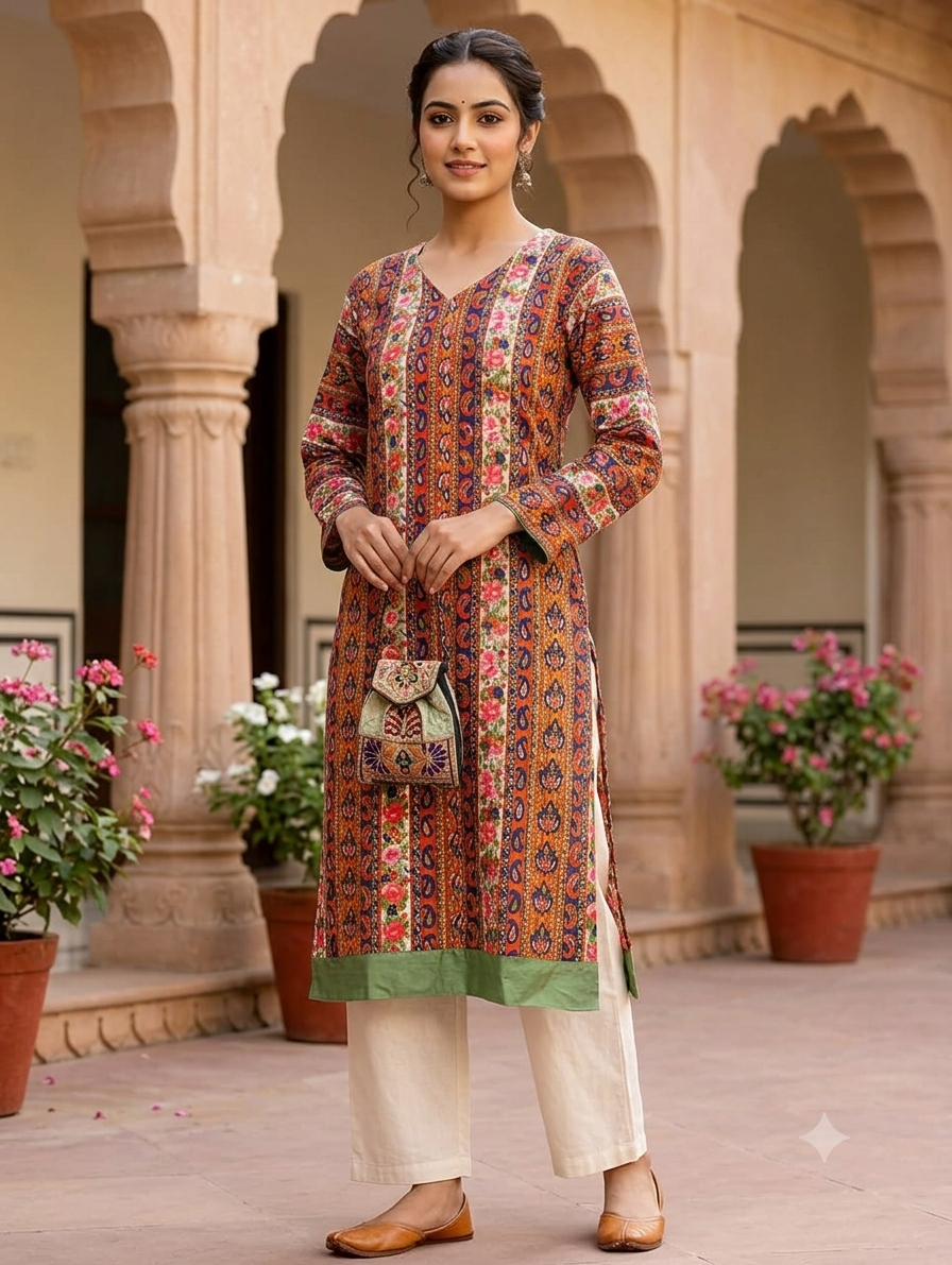 Rust Orange & Navy Printed Straight Knee-Length Kurti