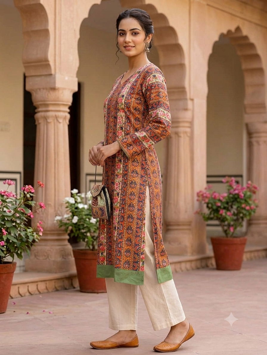 Rust Orange & Navy Printed Straight Knee-Length Kurti