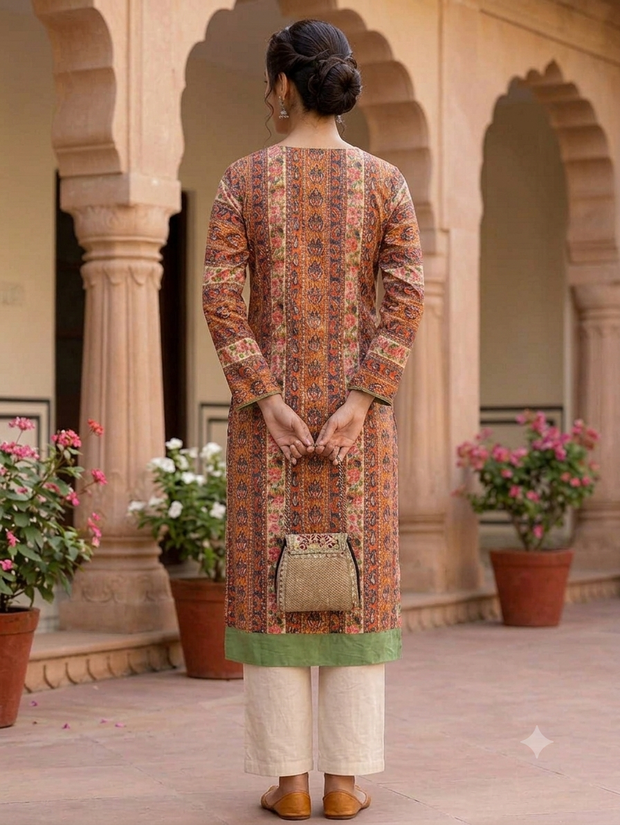 Rust Orange & Navy Printed Straight Knee-Length Kurti
