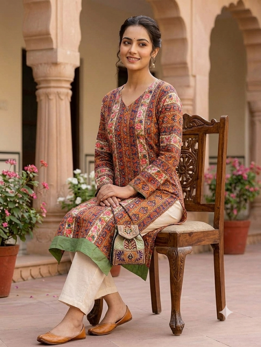 Rust Orange & Navy Printed Straight Knee-Length Kurti