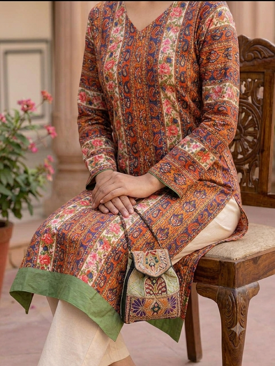 Rust Orange & Navy Printed Straight Knee-Length Kurti