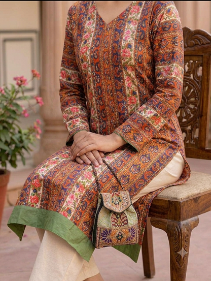 Rust Orange & Navy Printed Straight Knee-Length Kurti