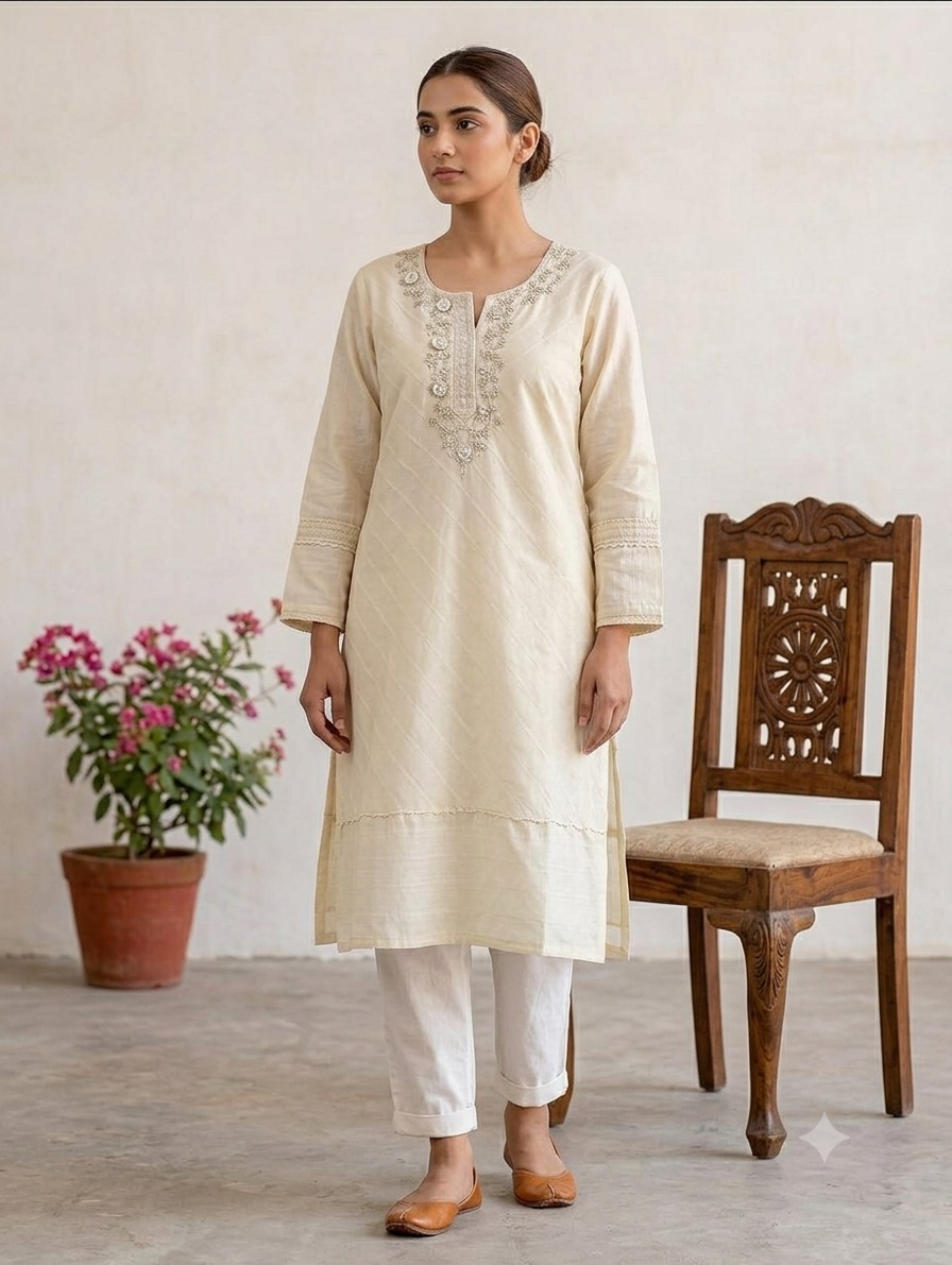 Ivory Embroidered Straight Knee-Length Kurti