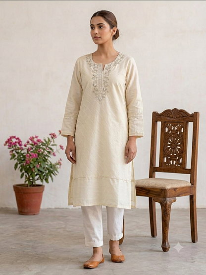 Ivory Embroidered Straight Knee-Length Kurti