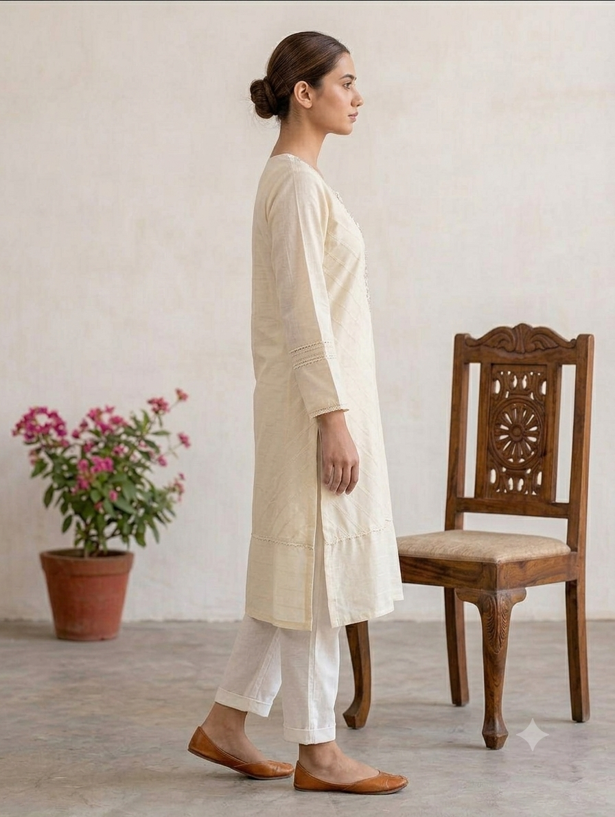 Ivory Embroidered Straight Knee-Length Kurti