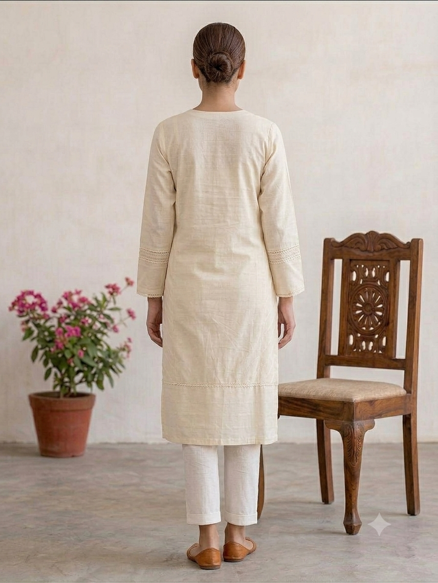 Ivory Embroidered Straight Knee-Length Kurti