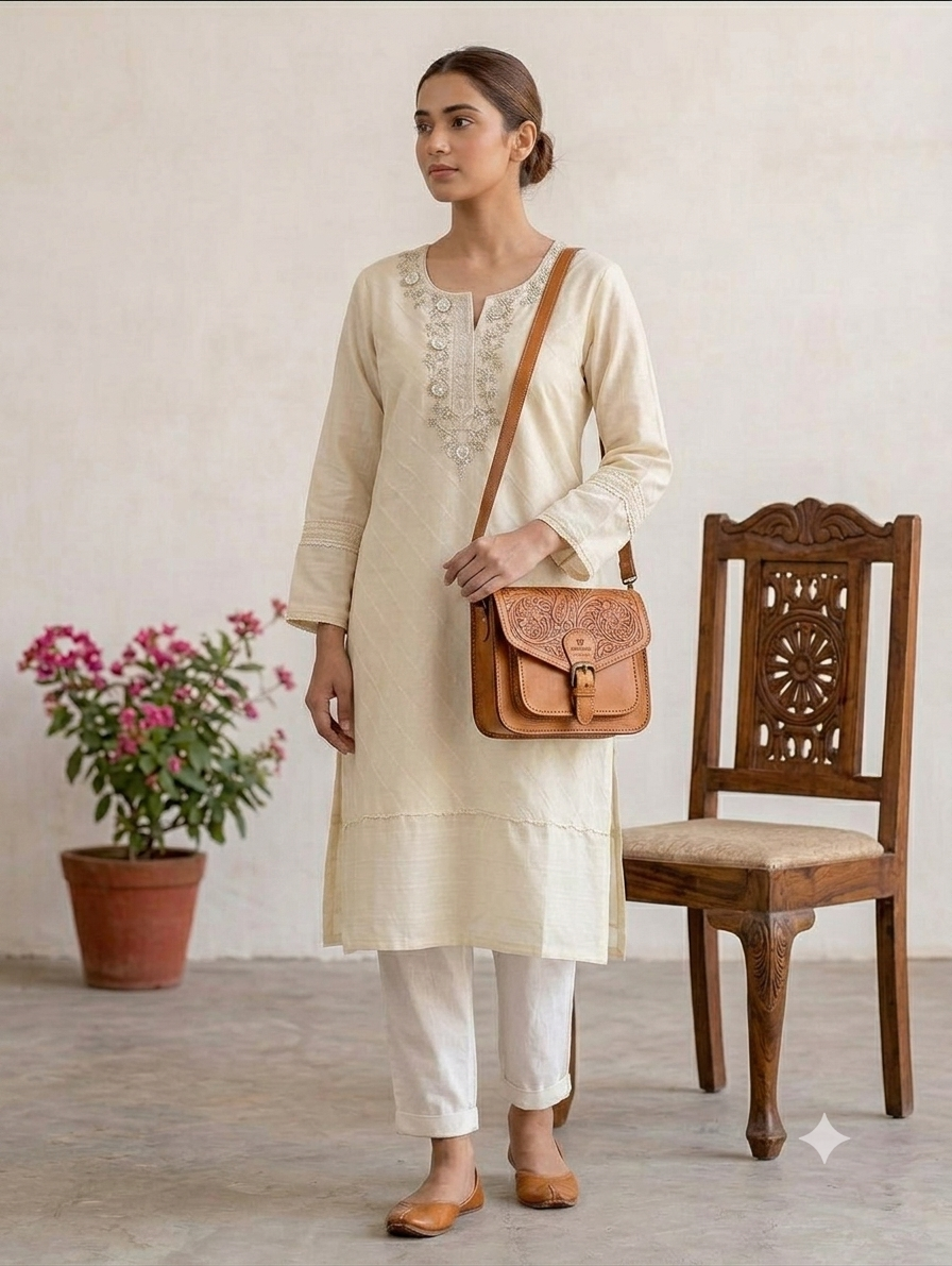 Ivory Embroidered Straight Knee-Length Kurti