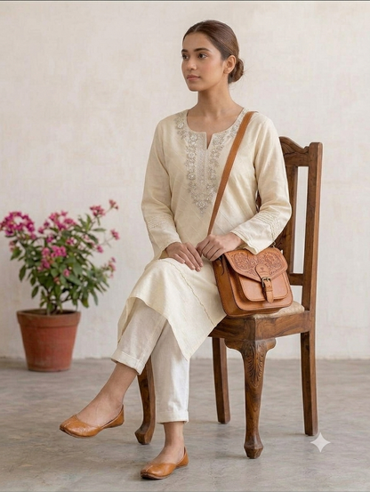 Ivory Embroidered Straight Knee-Length Kurti