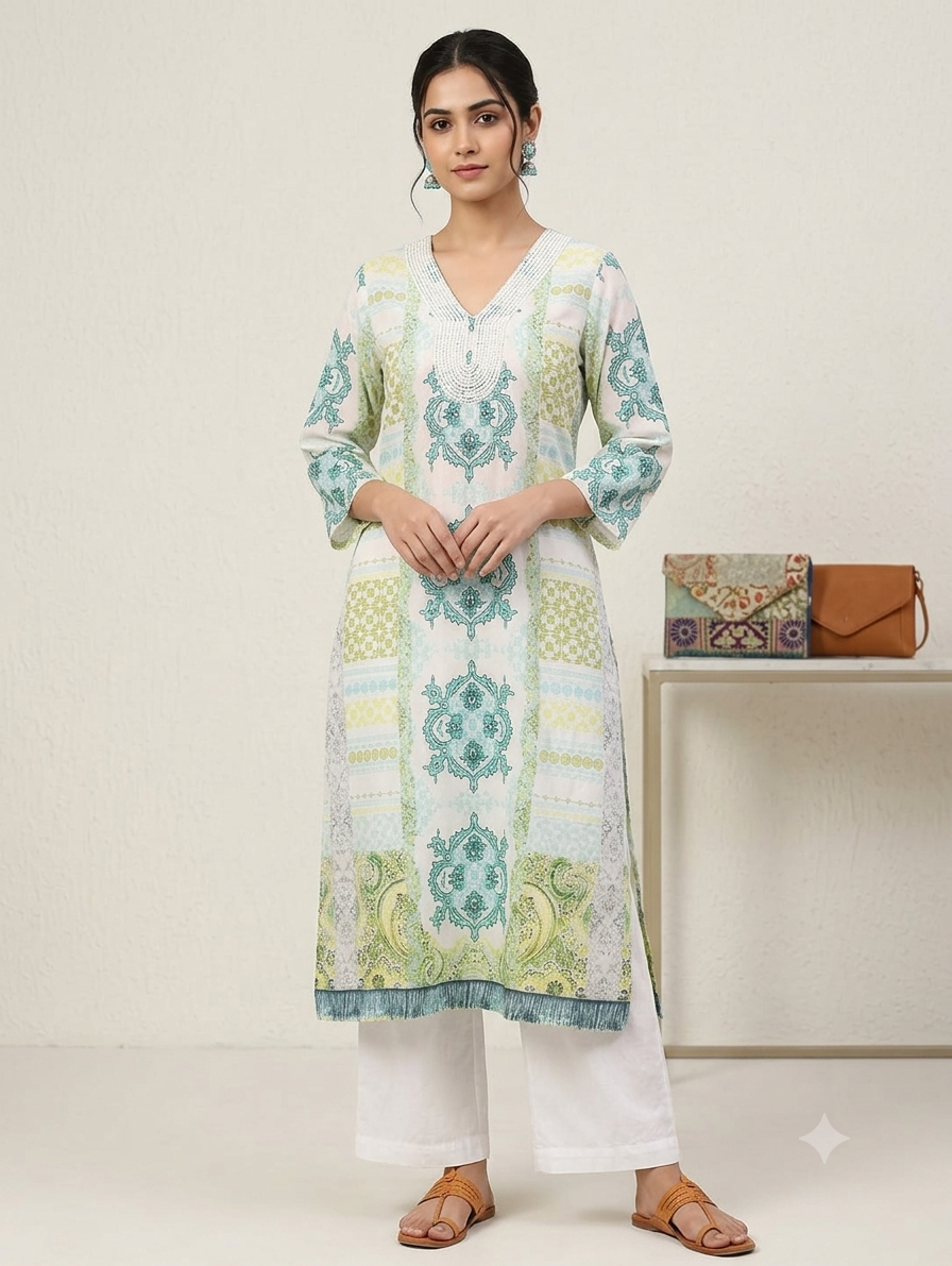 Pastel Green & Blue Printed Straight Knee-Length Kurti