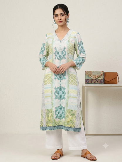 Pastel Green & Blue Printed Straight Knee-Length Kurti