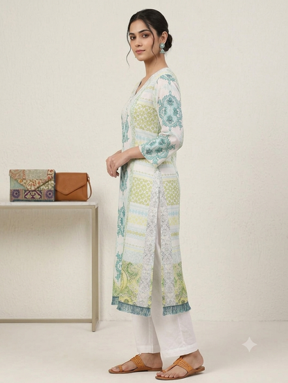 Pastel Green & Blue Printed Straight Knee-Length Kurti