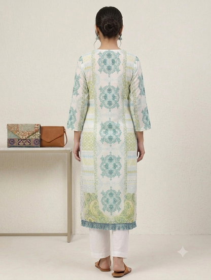 Pastel Green & Blue Printed Straight Knee-Length Kurti