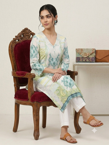 Pastel Green & Blue Printed Straight Knee-Length Kurti