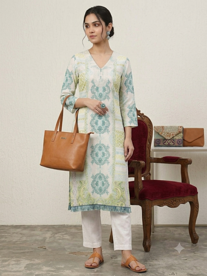 Pastel Green & Blue Printed Straight Knee-Length Kurti