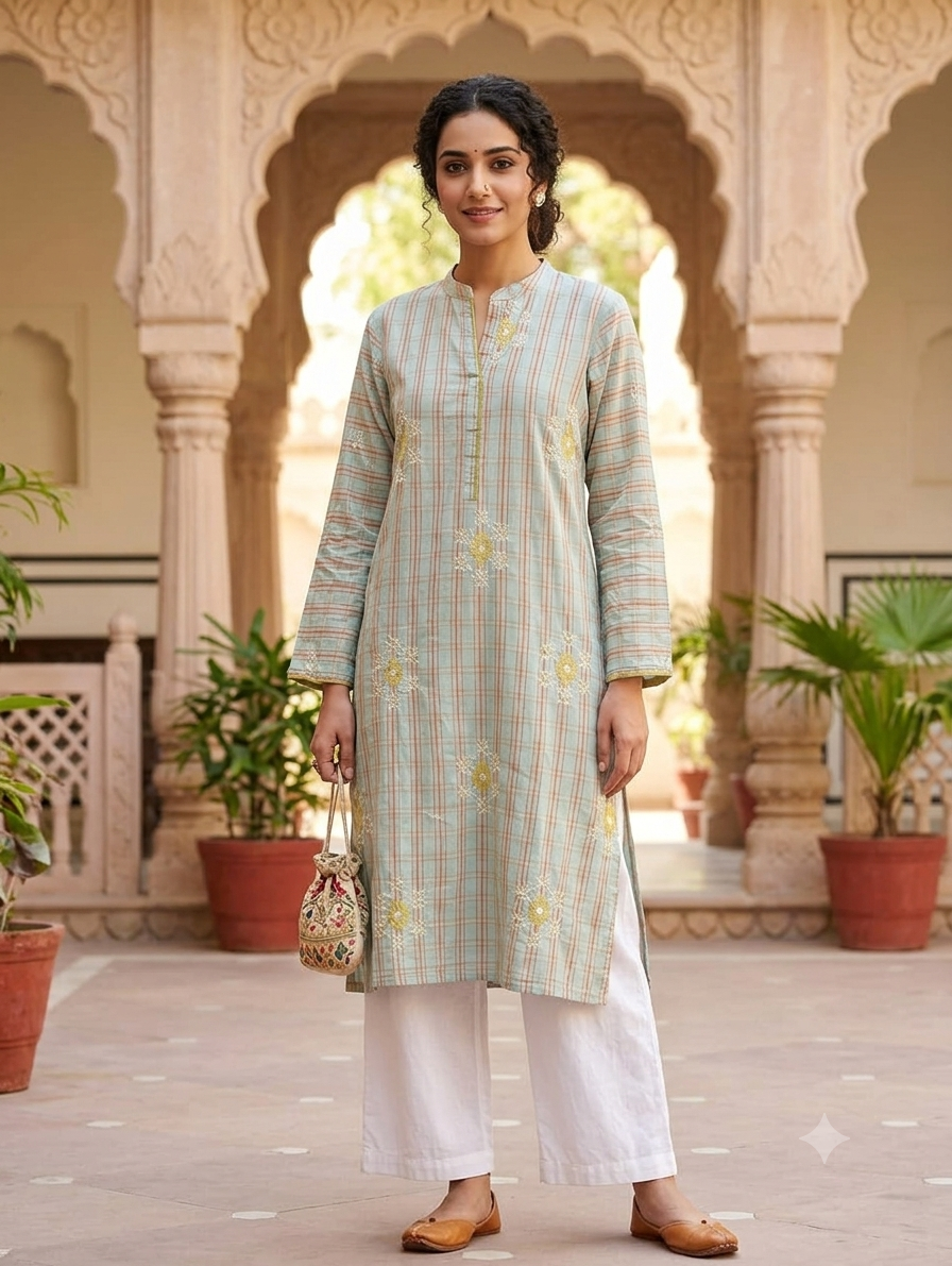 Pastel Blue Checked Straight Knee-Length Kurti with Embroidery
