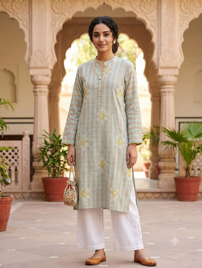 Pastel Blue Checked Straight Knee-Length Kurti with Embroidery