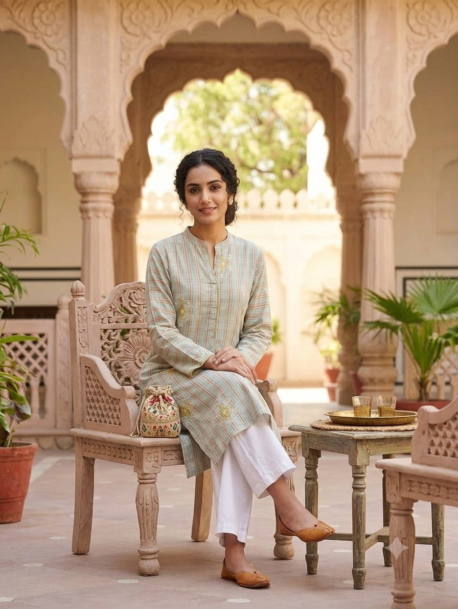 Pastel Blue Checked Straight Knee-Length Kurti with Embroidery