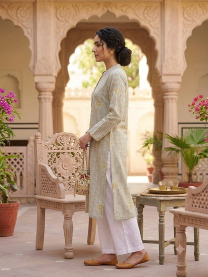 Pastel Blue Checked Straight Knee-Length Kurti with Embroidery