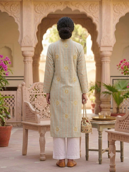 Pastel Blue Checked Straight Knee-Length Kurti with Embroidery