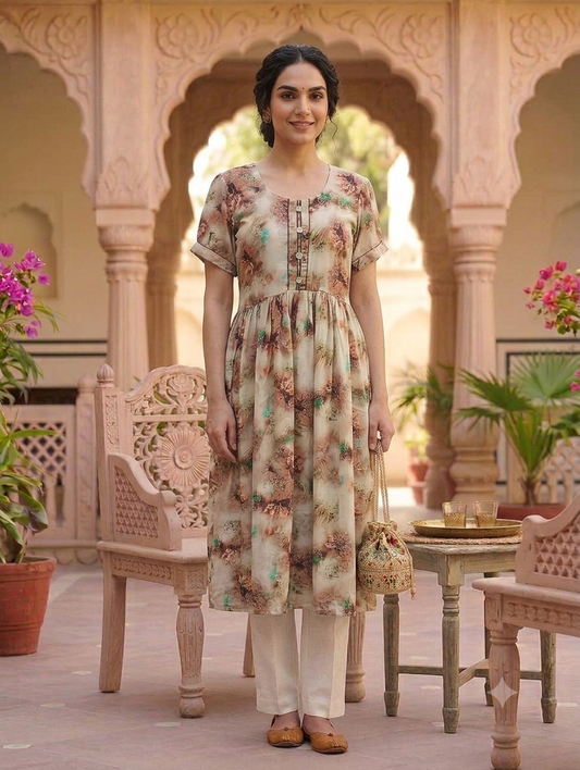 Beige Floral Printed Knee-Length Fit & Flare Kurti