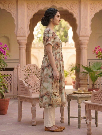 Beige Floral Printed Knee-Length Fit & Flare Kurti