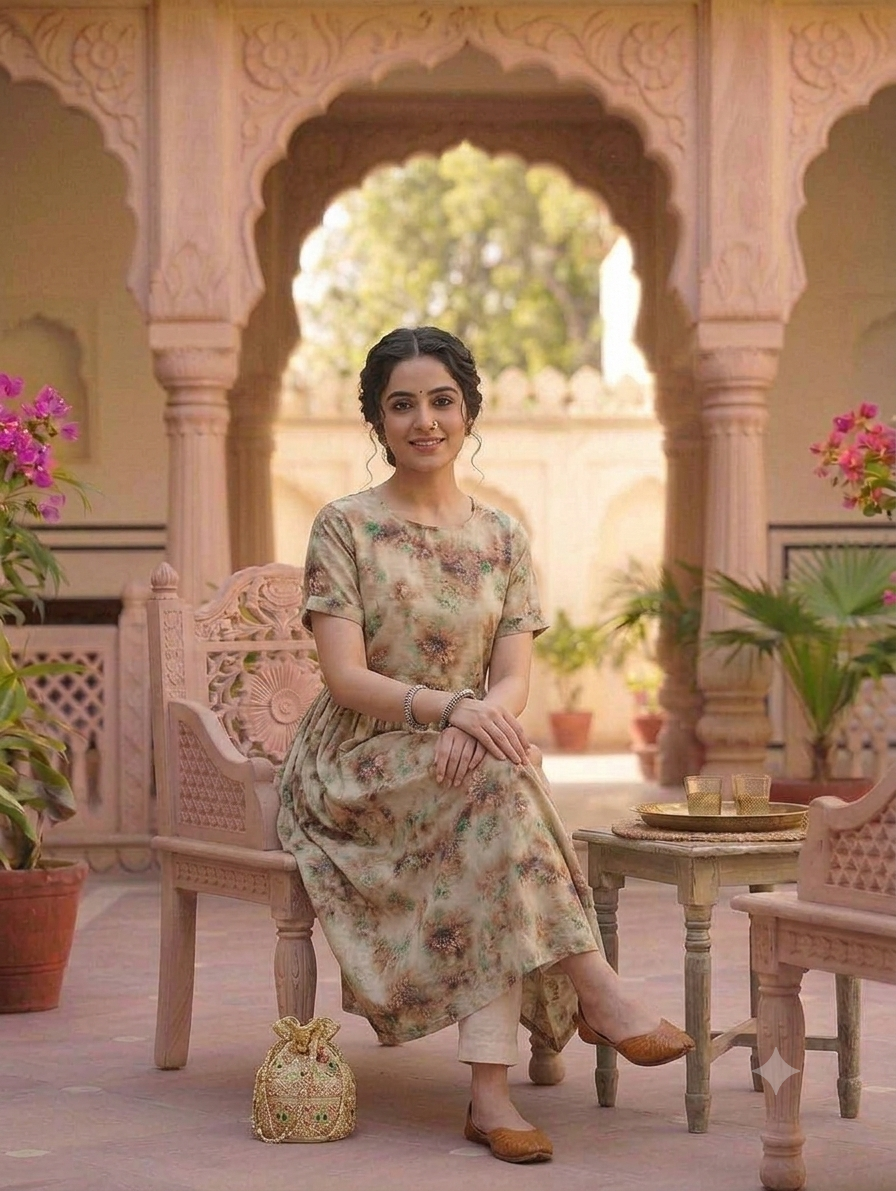 Beige Floral Printed Knee-Length Fit & Flare Kurti