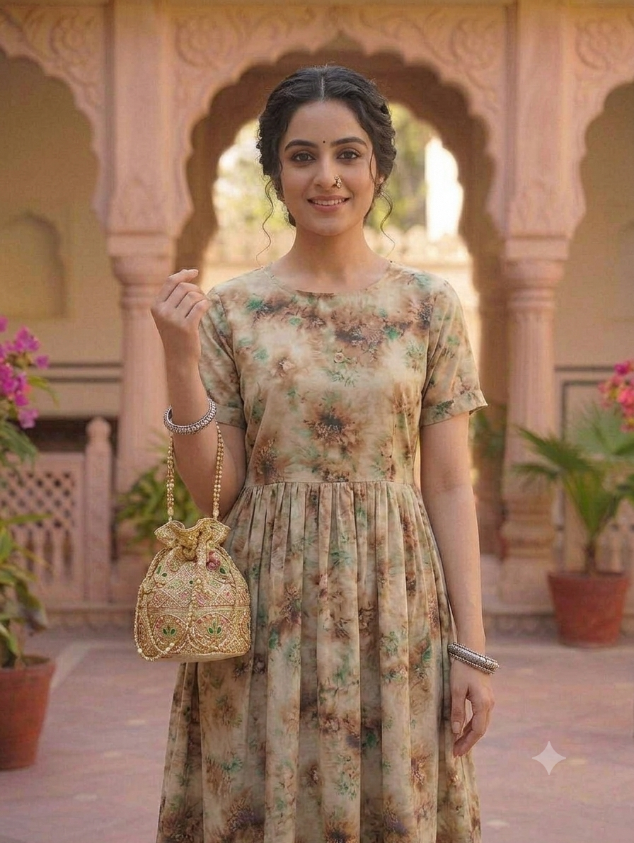 Beige Floral Printed Knee-Length Fit & Flare Kurti