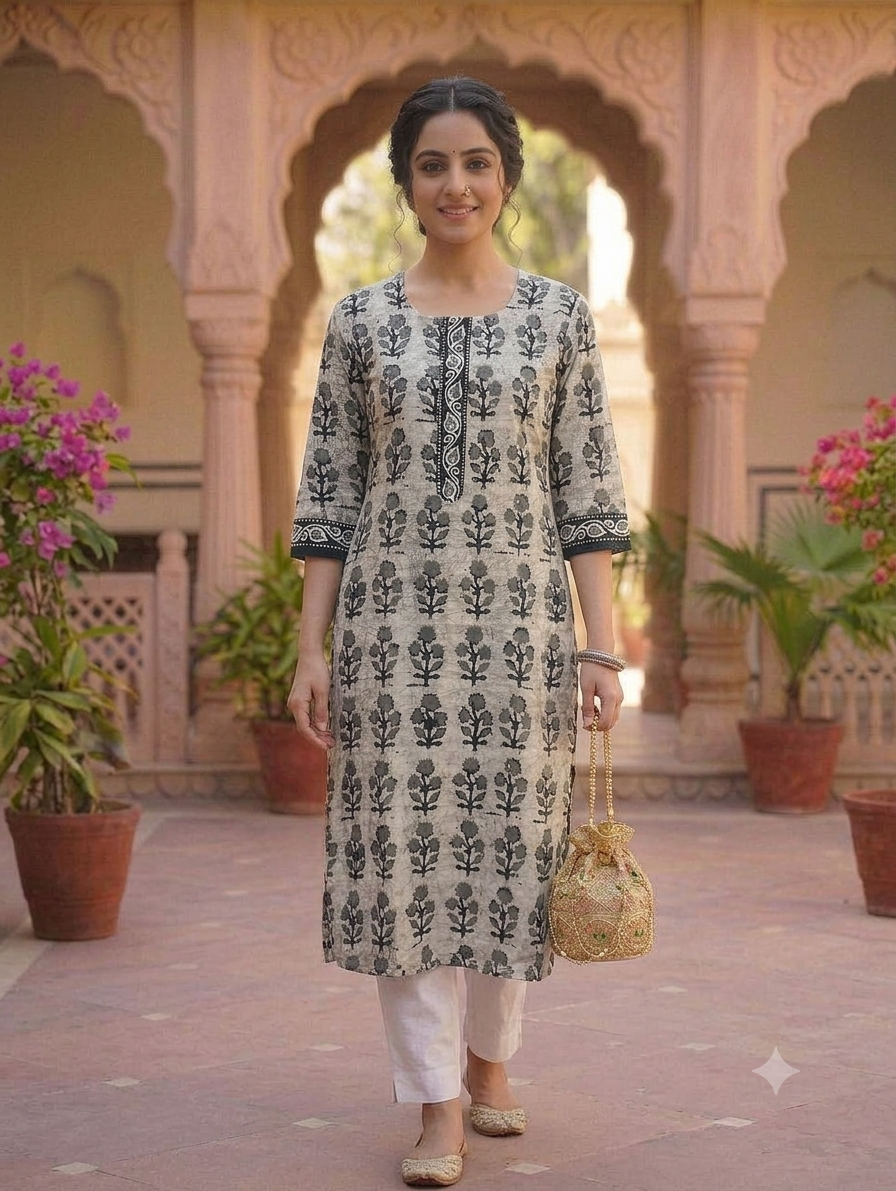 Grey Floral Printed Straight Knee-Length Kurti
