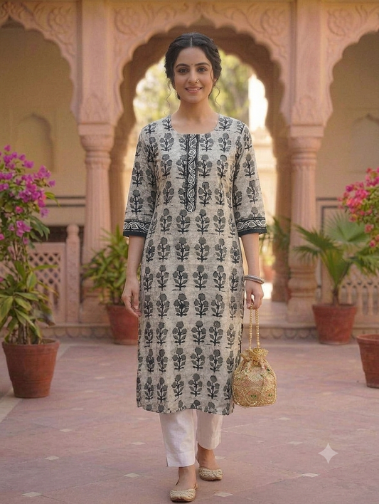 Grey Floral Printed Straight Knee-Length Kurti