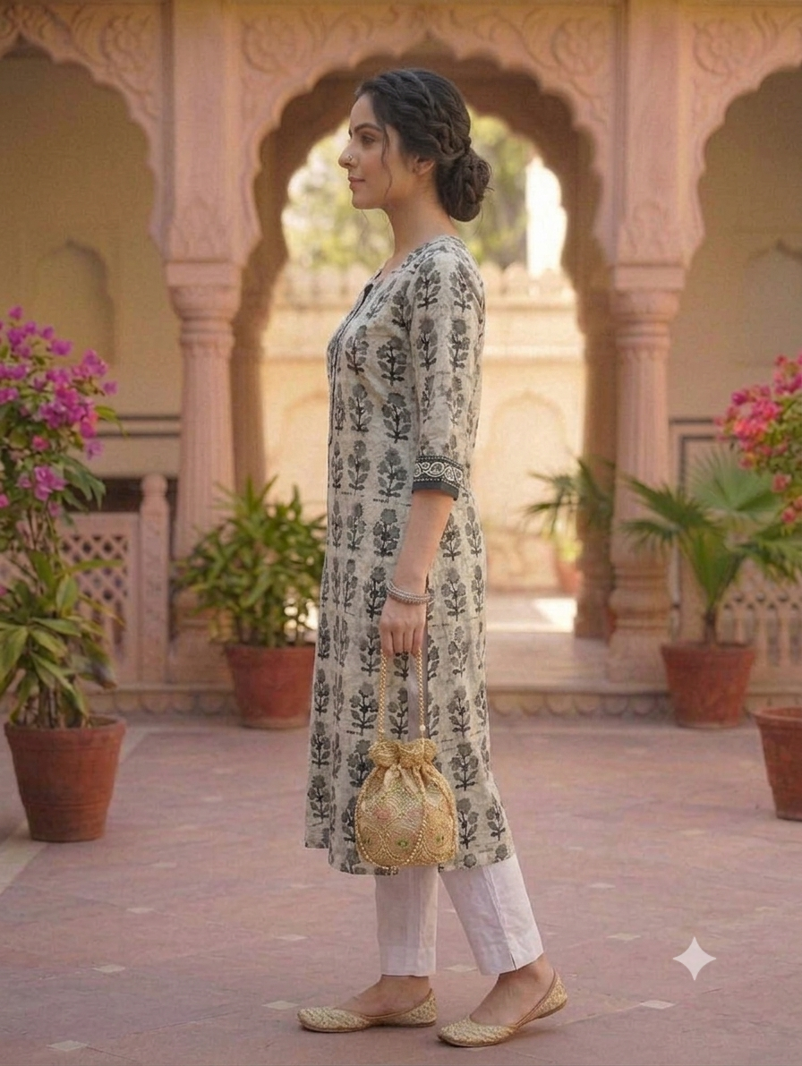 Grey Floral Printed Straight Knee-Length Kurti