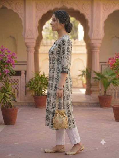 Grey Floral Printed Straight Knee-Length Kurti