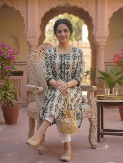 Grey Floral Printed Straight Knee-Length Kurti