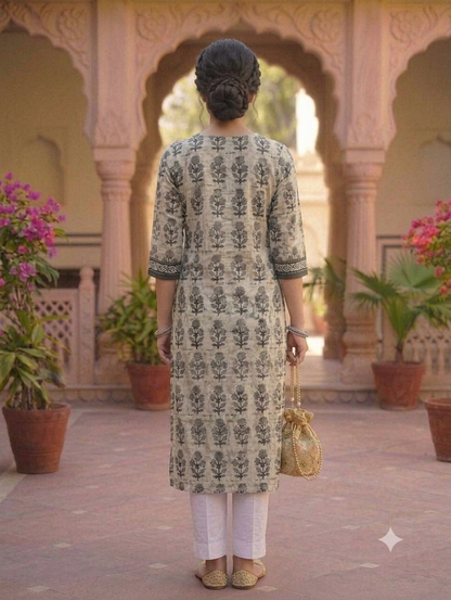 Grey Floral Printed Straight Knee-Length Kurti