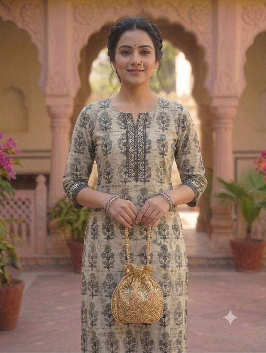 Grey Floral Printed Straight Knee-Length Kurti