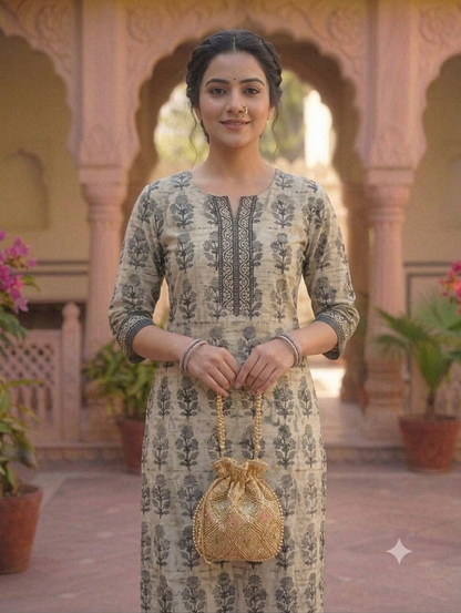 Grey Floral Printed Straight Knee-Length Kurti