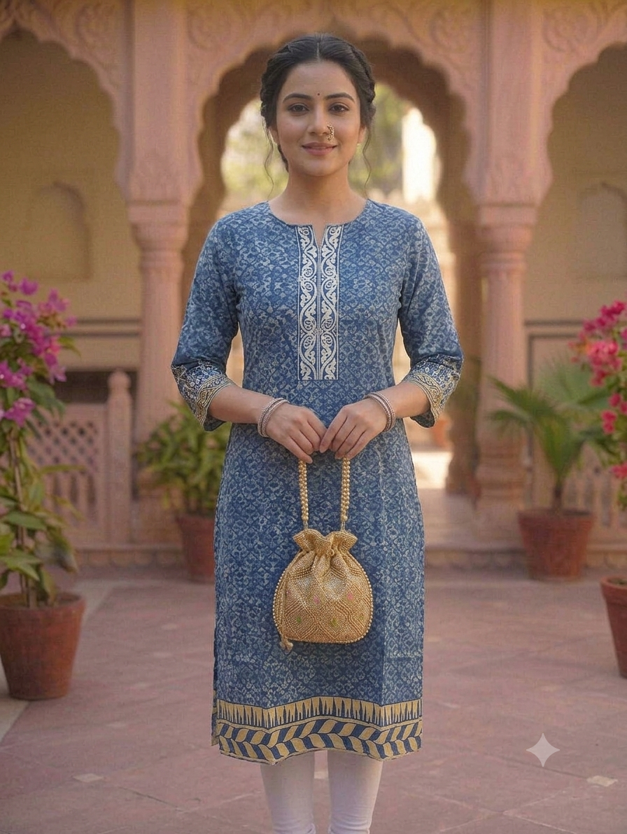 Indigo Blue Printed Straight Knee-Length Kurti