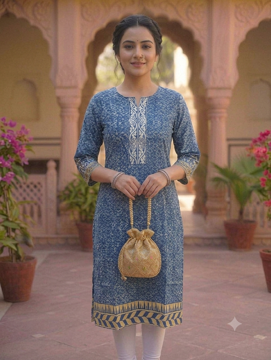 Indigo Blue Printed Straight Knee-Length Kurti