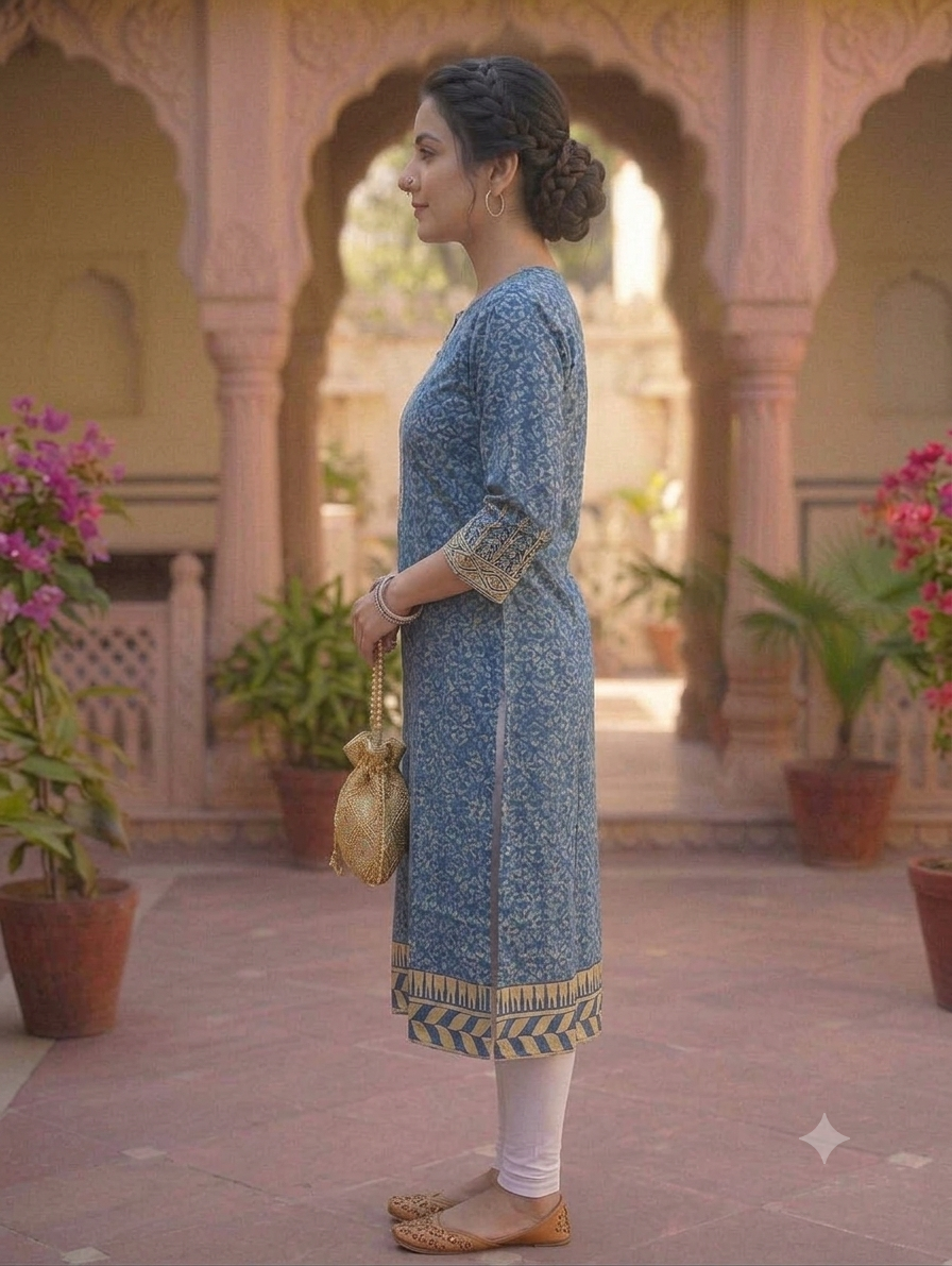 Indigo Blue Printed Straight Knee-Length Kurti