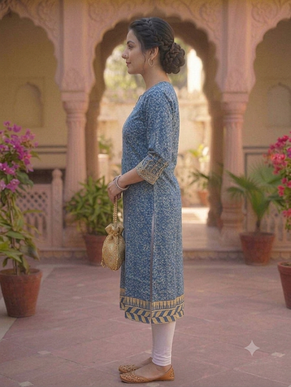 Indigo Blue Printed Straight Knee-Length Kurti