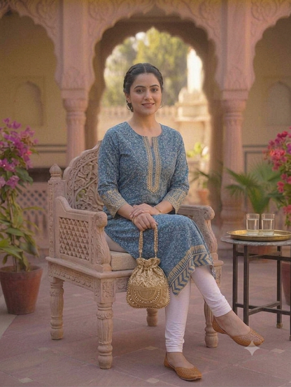 Indigo Blue Printed Straight Knee-Length Kurti