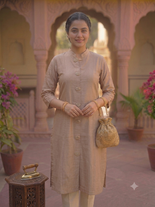 Knee-Length Beige Straight Kurti with Front Button Detailing