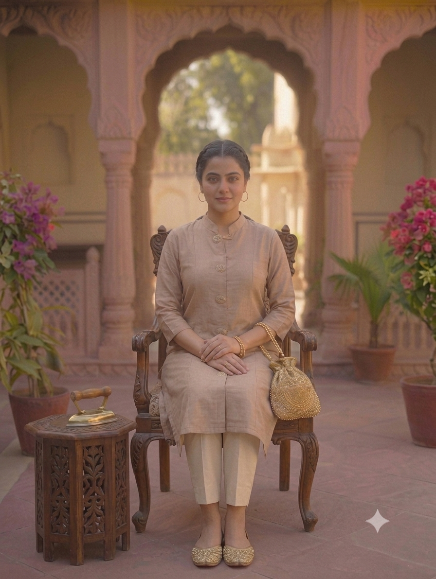 Knee-Length Beige Straight Kurti with Front Button Detailing