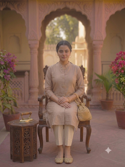 Knee-Length Beige Straight Kurti with Front Button Detailing
