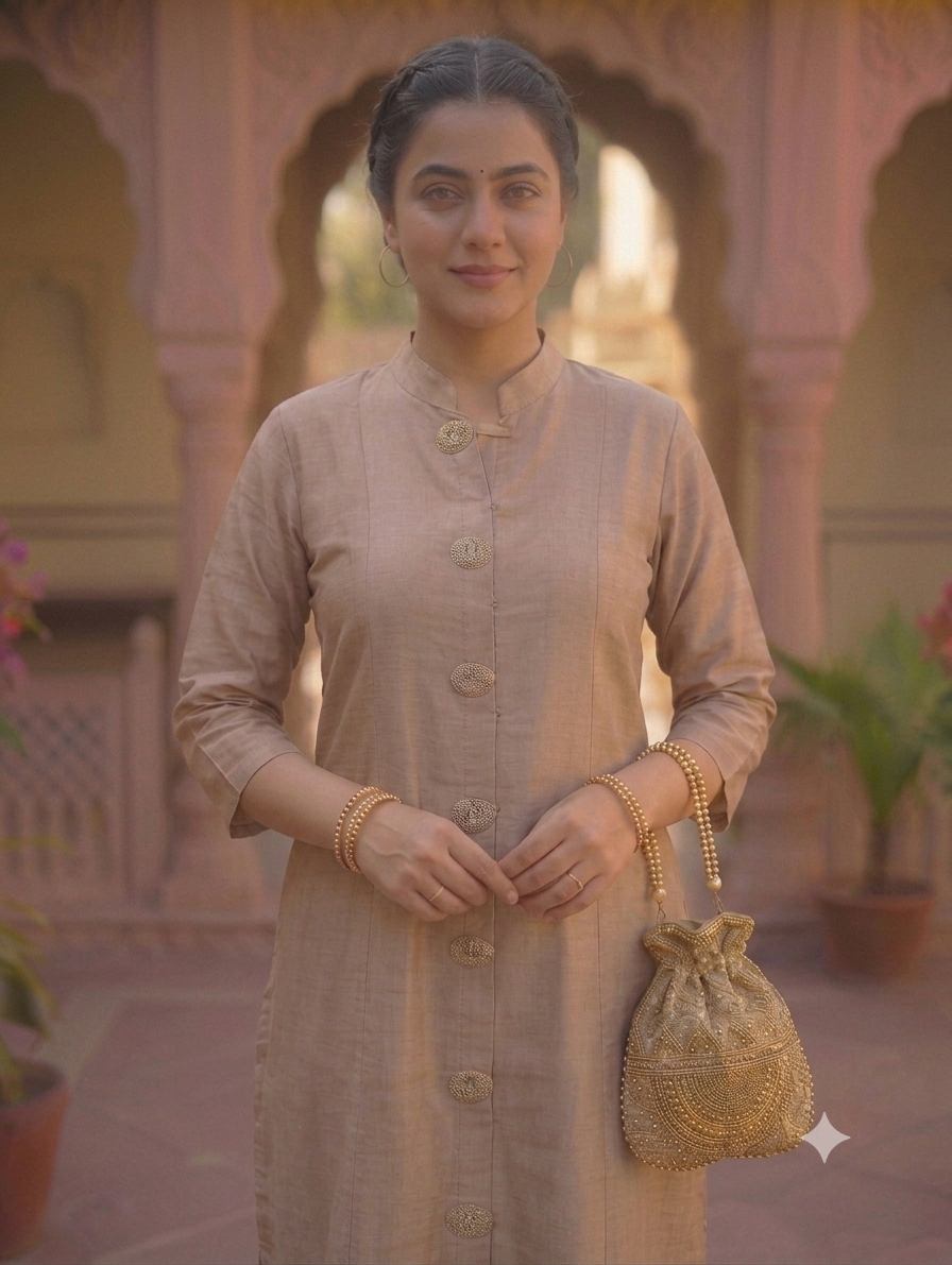 Knee-Length Beige Straight Kurti with Front Button Detailing