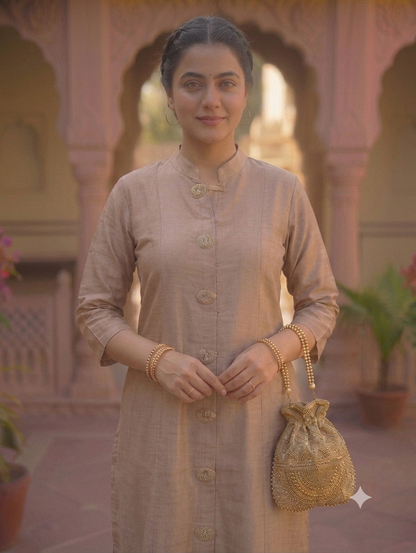 Knee-Length Beige Straight Kurti with Front Button Detailing