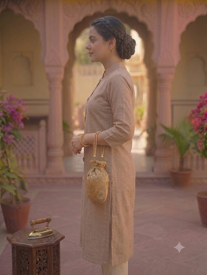 Knee-Length Beige Straight Kurti with Front Button Detailing