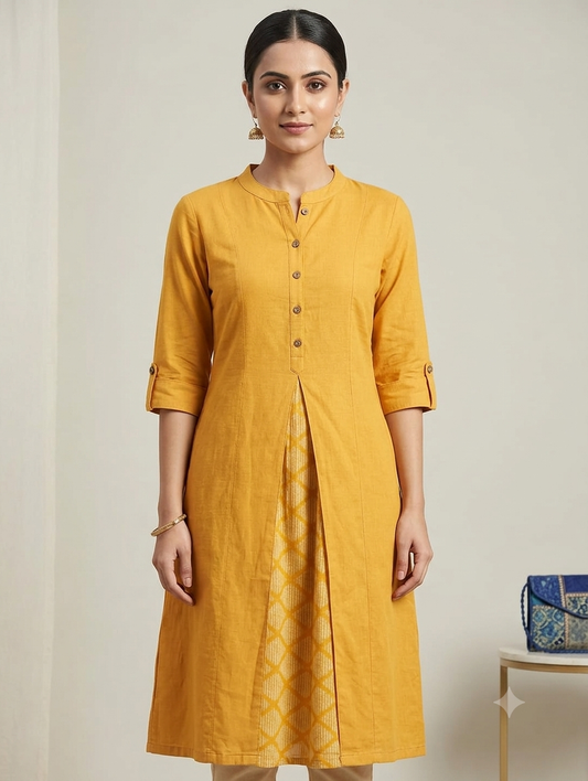 Mustard Yellow Straight Knee-Length Kurti with Front Button Detailing