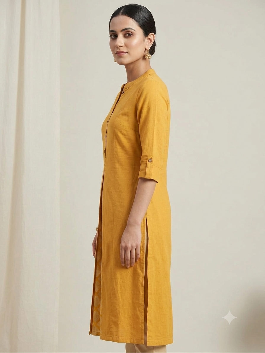 Mustard Yellow Straight Knee-Length Kurti with Front Button Detailing